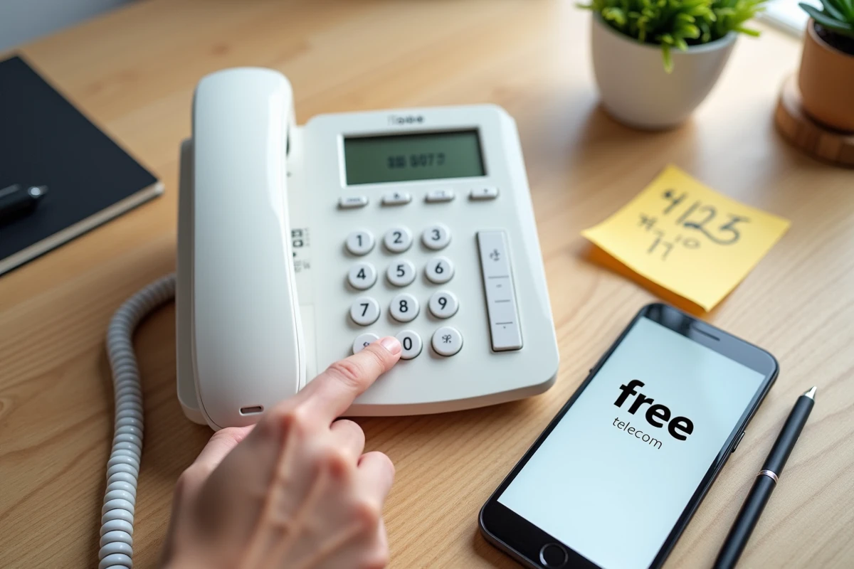 Vue de dessus d'un téléphone fixe avec un pense-bête contenant un code secret pour configurer le répondeur Free