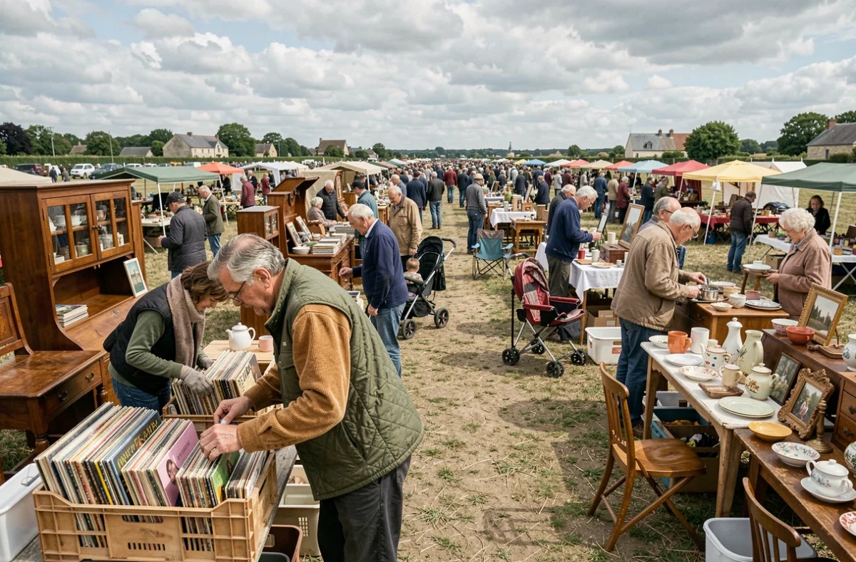 Vue panoramique d'un grand marché aux puces du dimanche dans les Yvelines avec des dizaines de stands d'antiquités et une foule de familles et de collectionneurs